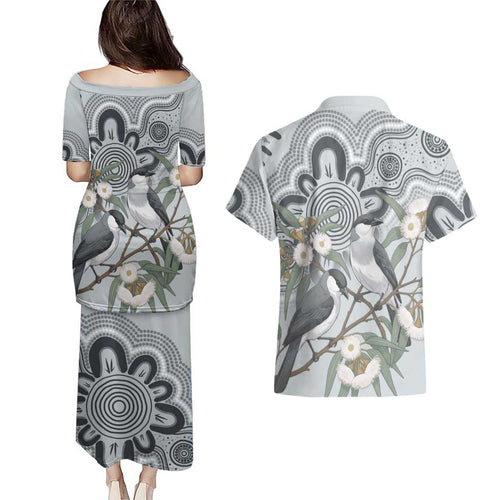 Australia Grey Butcherbird Couples Matching Puletasi and Hawaiian Shirt Eucalyptus Alba Indigenous Art - Aussie Hoodie