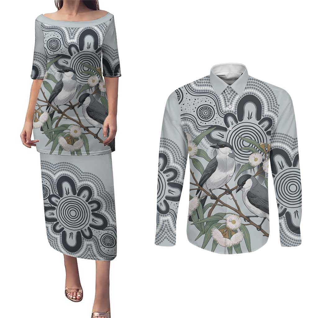 Australia Grey Butcherbird Couples Matching Puletasi and Long Sleeve Button Shirt Eucalyptus Alba Indigenous Art - Aussie Hoodie