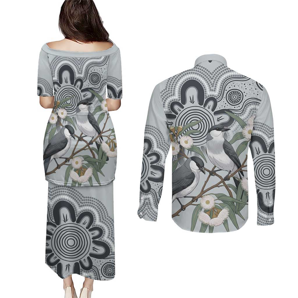 Australia Grey Butcherbird Couples Matching Puletasi and Long Sleeve Button Shirt Eucalyptus Alba Indigenous Art - Aussie Hoodie