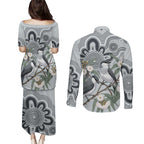 Australia Grey Butcherbird Couples Matching Puletasi and Long Sleeve Button Shirt Eucalyptus Alba Indigenous Art - Aussie Hoodie