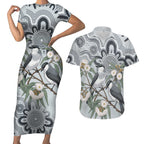 Australia Grey Butcherbird Couples Matching Short Sleeve Bodycon Dress and Hawaiian Shirt Eucalyptus Alba Indigenous Art - Aussie Hoodie