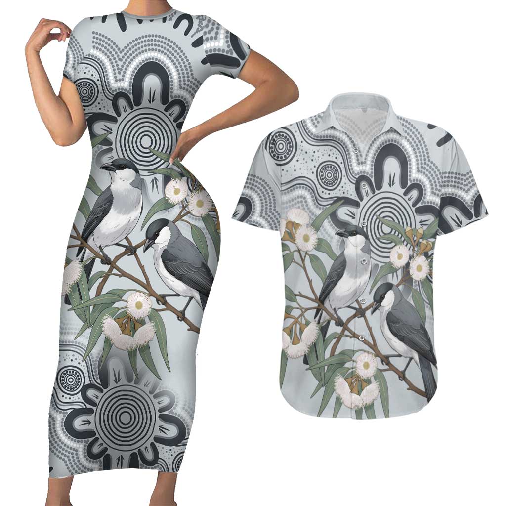 Australia Grey Butcherbird Couples Matching Short Sleeve Bodycon Dress and Hawaiian Shirt Eucalyptus Alba Indigenous Art - Aussie Hoodie