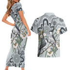Australia Grey Butcherbird Couples Matching Short Sleeve Bodycon Dress and Hawaiian Shirt Eucalyptus Alba Indigenous Art - Aussie Hoodie