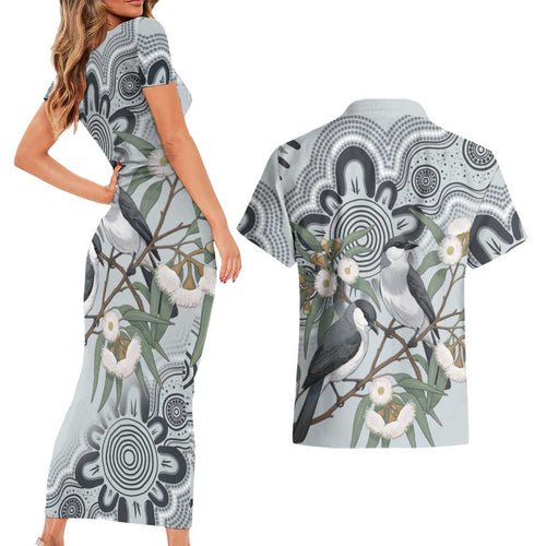 Australia Grey Butcherbird Couples Matching Short Sleeve Bodycon Dress and Hawaiian Shirt Eucalyptus Alba Indigenous Art - Aussie Hoodie