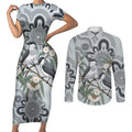 Australia Grey Butcherbird Couples Matching Short Sleeve Bodycon Dress and Long Sleeve Button Shirt Eucalyptus Alba Indigenous Art - Aussie Hoodie