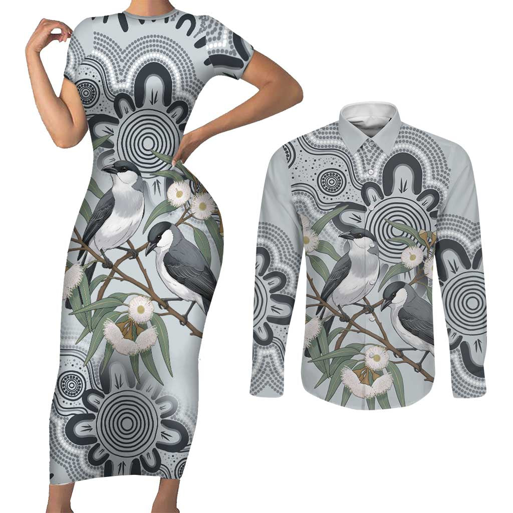 Australia Grey Butcherbird Couples Matching Short Sleeve Bodycon Dress and Long Sleeve Button Shirt Eucalyptus Alba Indigenous Art - Aussie Hoodie
