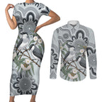 Australia Grey Butcherbird Couples Matching Short Sleeve Bodycon Dress and Long Sleeve Button Shirt Eucalyptus Alba Indigenous Art - Aussie Hoodie