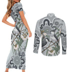 Australia Grey Butcherbird Couples Matching Short Sleeve Bodycon Dress and Long Sleeve Button Shirt Eucalyptus Alba Indigenous Art - Aussie Hoodie