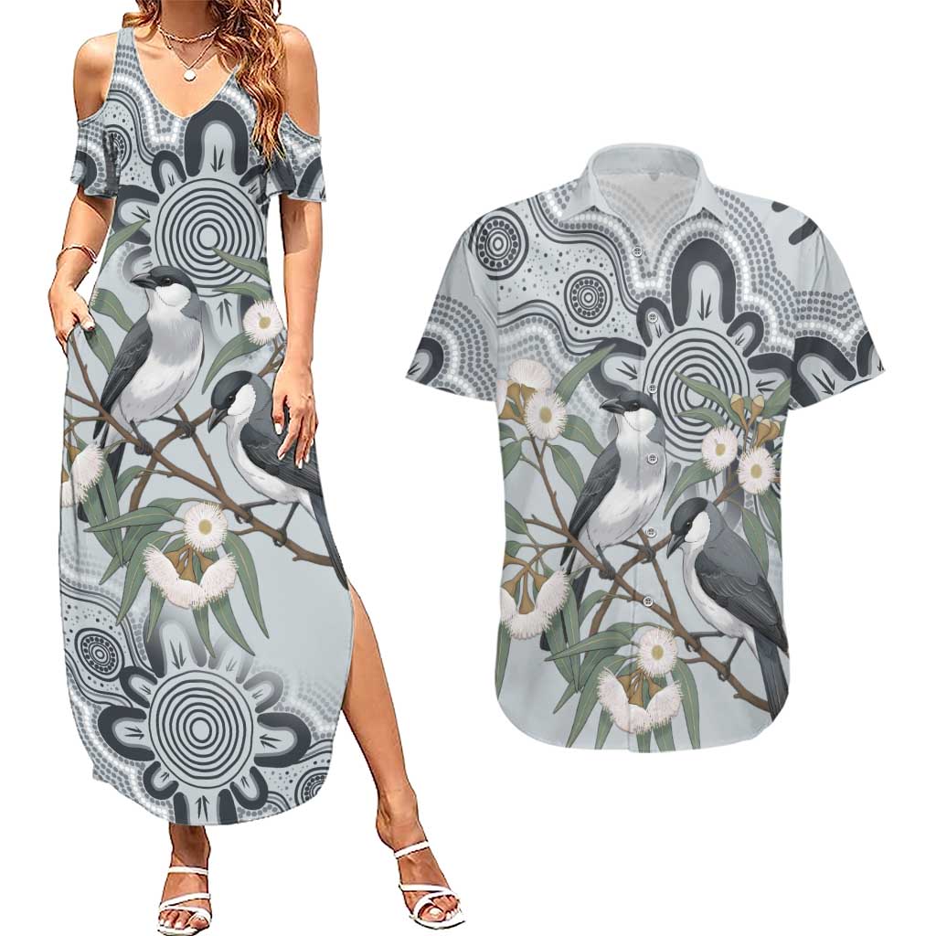 Australia Grey Butcherbird Couples Matching Summer Maxi Dress and Hawaiian Shirt Eucalyptus Alba Indigenous Art - Aussie Hoodie