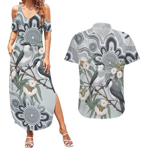Australia Grey Butcherbird Couples Matching Summer Maxi Dress and Hawaiian Shirt Eucalyptus Alba Indigenous Art - Aussie Hoodie