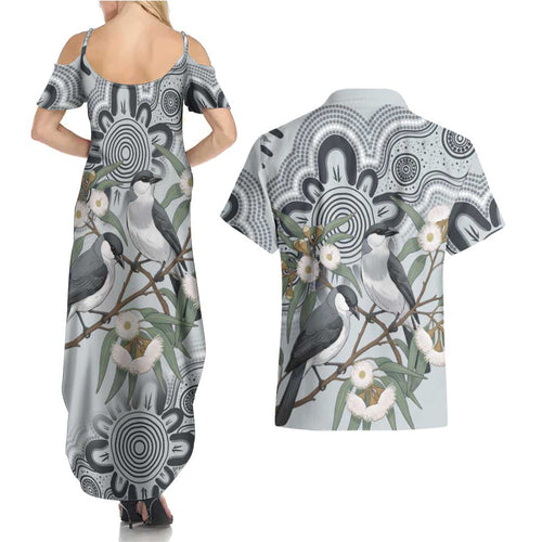 Australia Grey Butcherbird Couples Matching Summer Maxi Dress and Hawaiian Shirt Eucalyptus Alba Indigenous Art - Aussie Hoodie