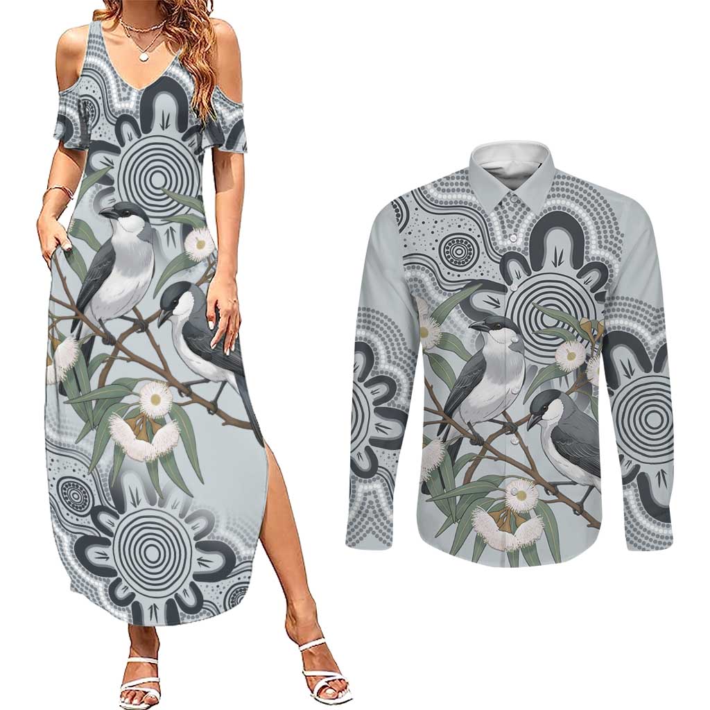 Australia Grey Butcherbird Couples Matching Summer Maxi Dress and Long Sleeve Button Shirt Eucalyptus Alba Indigenous Art - Aussie Hoodie
