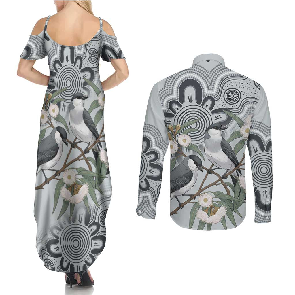 Australia Grey Butcherbird Couples Matching Summer Maxi Dress and Long Sleeve Button Shirt Eucalyptus Alba Indigenous Art - Aussie Hoodie
