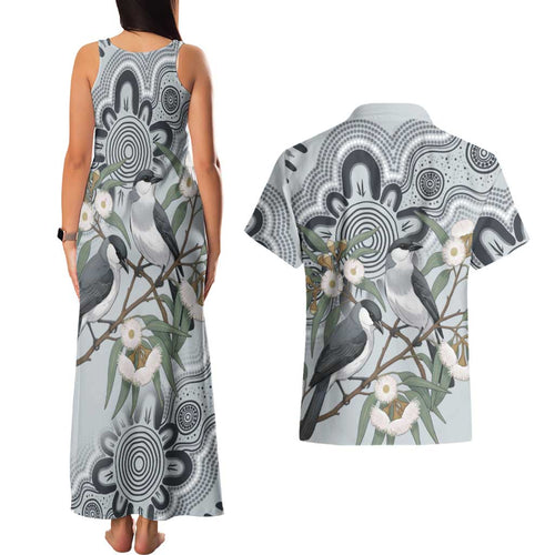 Australia Grey Butcherbird Couples Matching Tank Maxi Dress and Hawaiian Shirt Eucalyptus Alba Indigenous Art - Aussie Hoodie