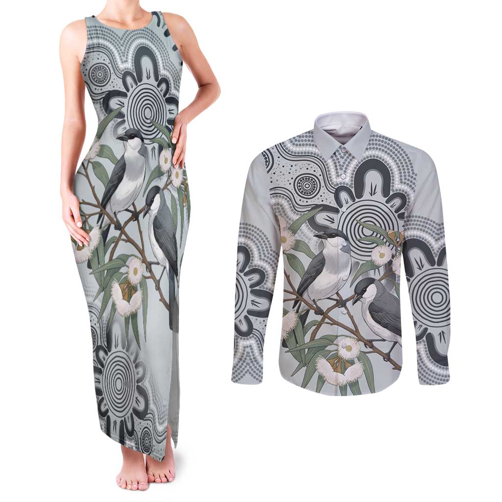 Australia Grey Butcherbird Couples Matching Tank Maxi Dress and Long Sleeve Button Shirt Eucalyptus Alba Indigenous Art - Aussie Hoodie