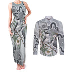Australia Grey Butcherbird Couples Matching Tank Maxi Dress and Long Sleeve Button Shirt Eucalyptus Alba Indigenous Art - Aussie Hoodie