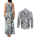 Australia Grey Butcherbird Couples Matching Tank Maxi Dress and Long Sleeve Button Shirt Eucalyptus Alba Indigenous Art - Aussie Hoodie