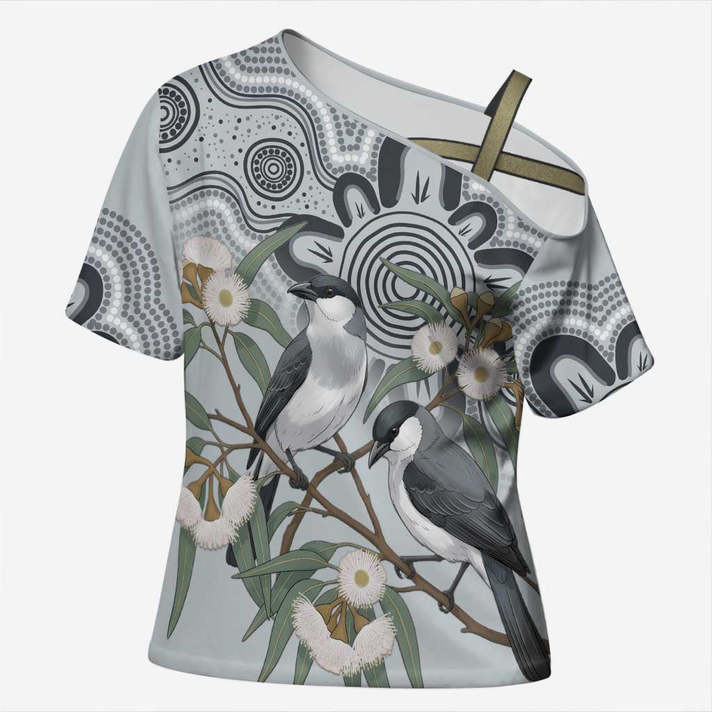 Australia Grey Butcherbird Cross Shoulder Shirt Eucalyptus Alba Indigenous Art - Aussie Hoodie