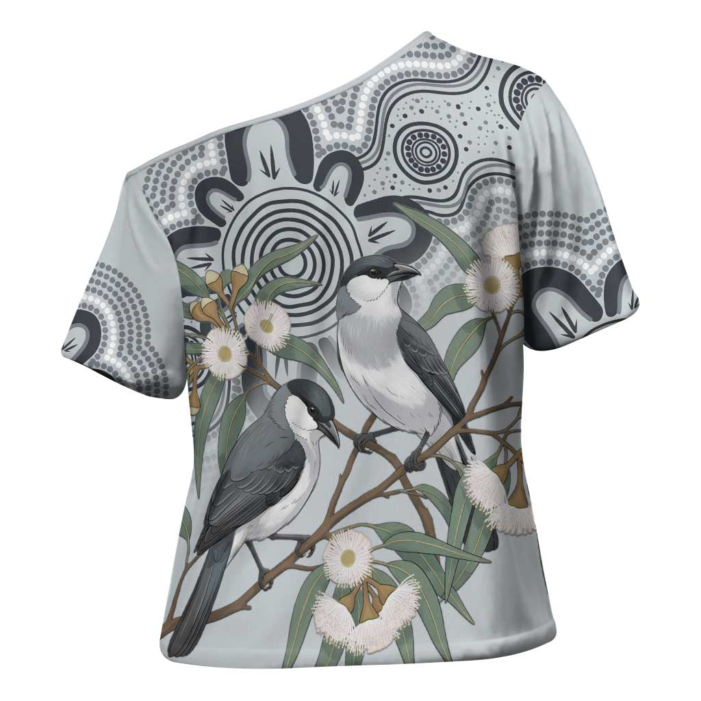 Australia Grey Butcherbird Cross Shoulder Shirt Eucalyptus Alba Indigenous Art - Aussie Hoodie