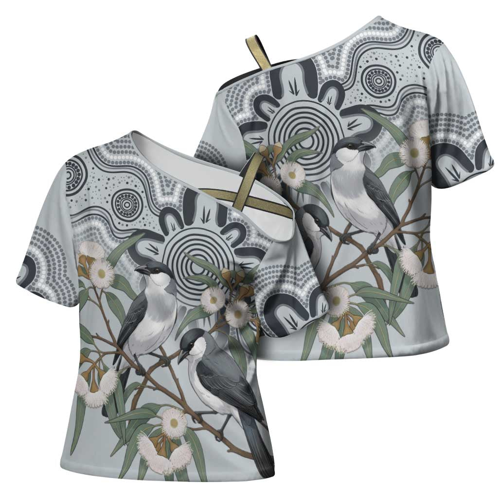 Australia Grey Butcherbird Cross Shoulder Shirt Eucalyptus Alba Indigenous Art - Aussie Hoodie