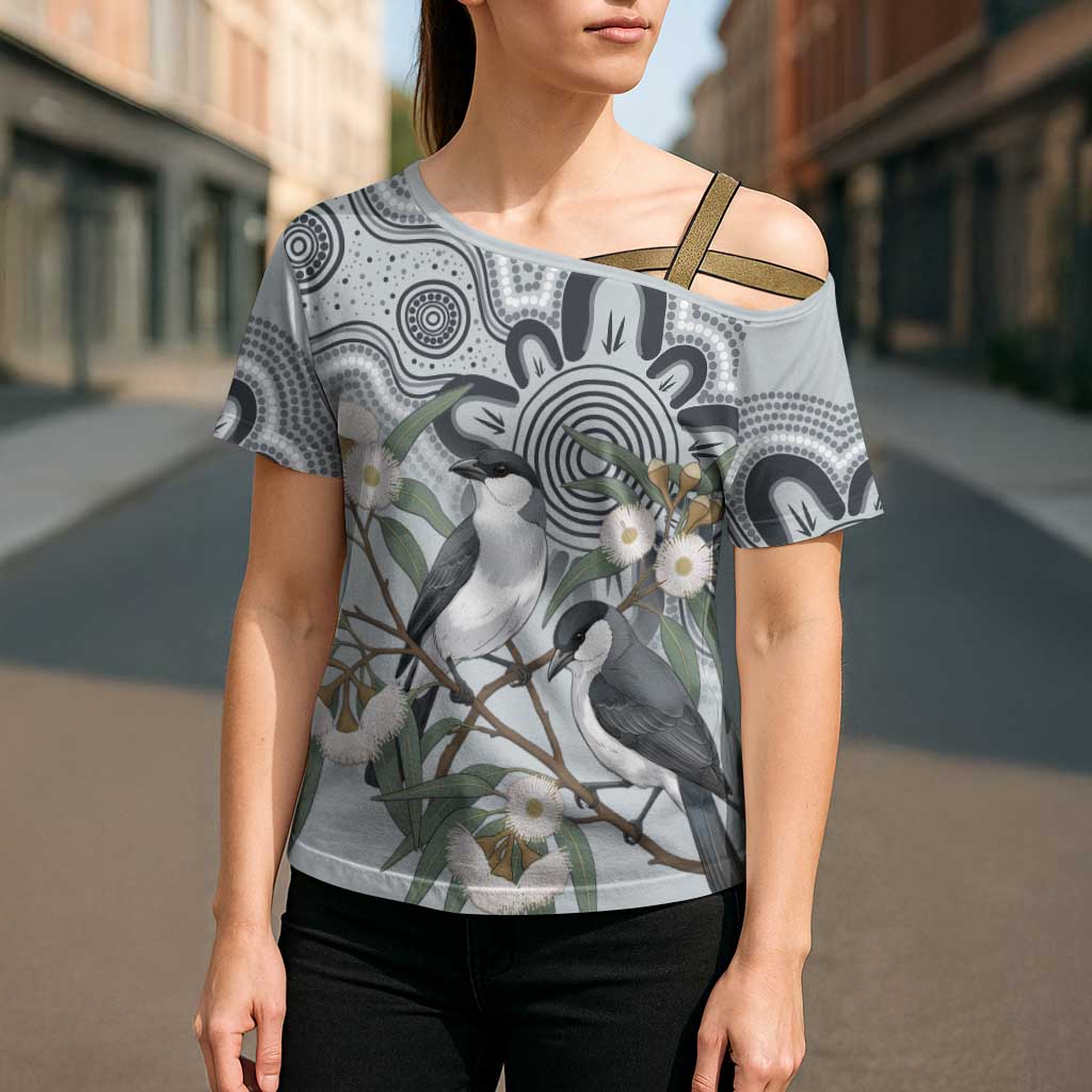 Australia Grey Butcherbird Cross Shoulder Shirt Eucalyptus Alba Indigenous Art - Aussie Hoodie