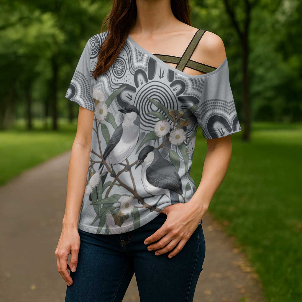 Australia Grey Butcherbird Cross Shoulder Shirt Eucalyptus Alba Indigenous Art - Aussie Hoodie