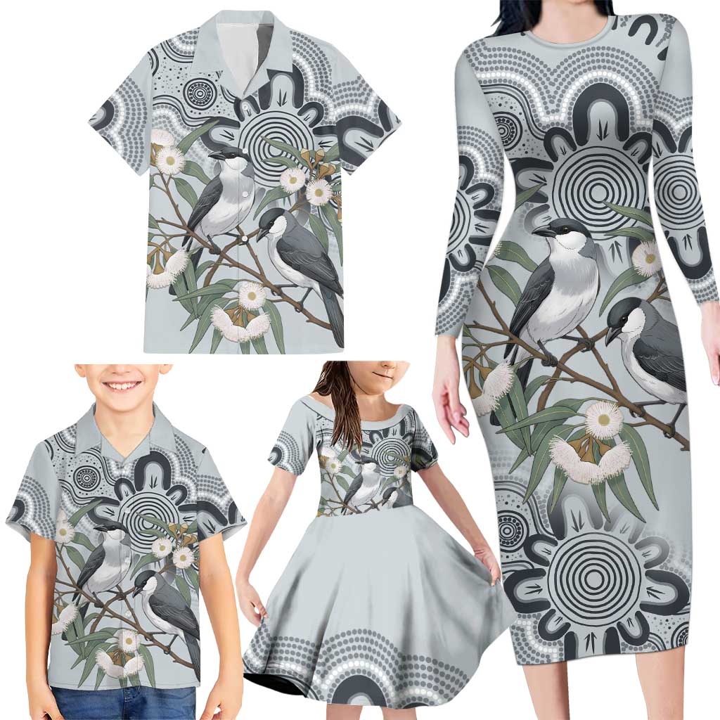Australia Grey Butcherbird Family Matching Long Sleeve Bodycon Dress and Hawaiian Shirt Eucalyptus Alba Indigenous Art - Aussie Hoodie