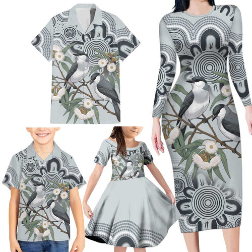 Australia Grey Butcherbird Family Matching Long Sleeve Bodycon Dress and Hawaiian Shirt Eucalyptus Alba Indigenous Art - Aussie Hoodie