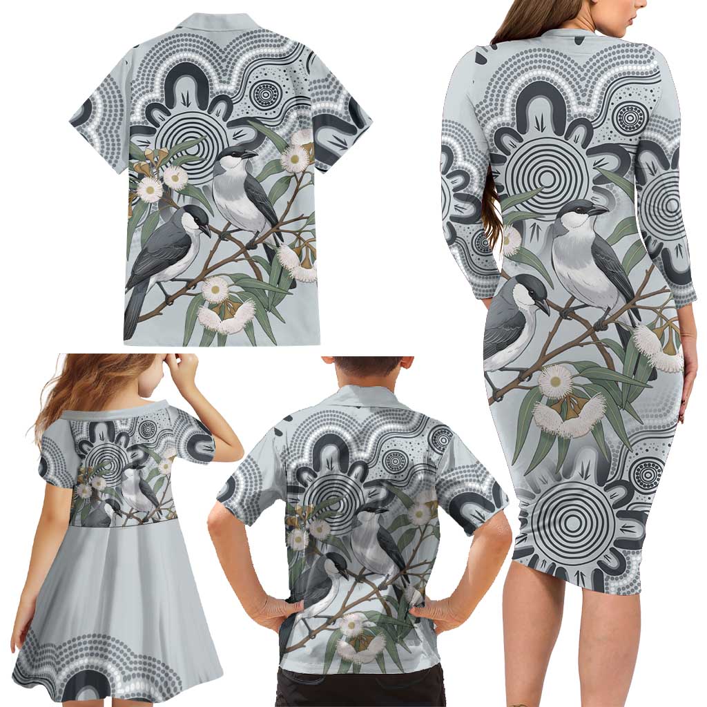 Australia Grey Butcherbird Family Matching Long Sleeve Bodycon Dress and Hawaiian Shirt Eucalyptus Alba Indigenous Art - Aussie Hoodie