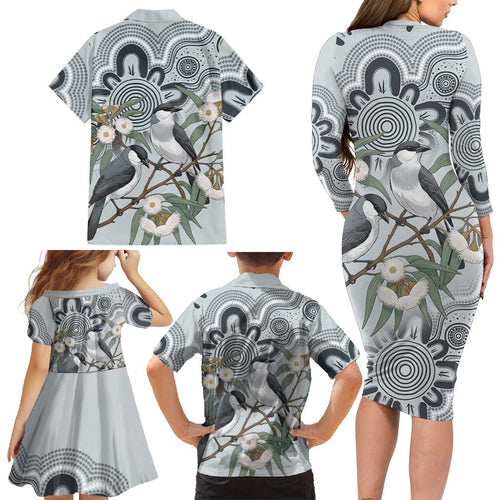 Australia Grey Butcherbird Family Matching Long Sleeve Bodycon Dress and Hawaiian Shirt Eucalyptus Alba Indigenous Art - Aussie Hoodie