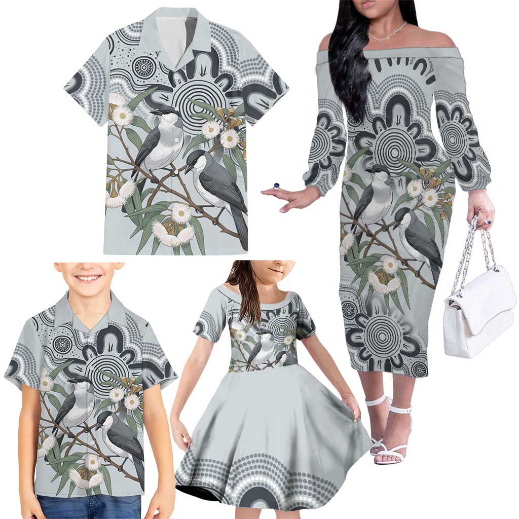 Australia Grey Butcherbird Family Matching Off The Shoulder Long Sleeve Dress and Hawaiian Shirt Eucalyptus Alba Indigenous Art - Aussie Hoodie
