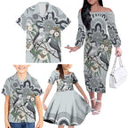Australia Grey Butcherbird Family Matching Off The Shoulder Long Sleeve Dress and Hawaiian Shirt Eucalyptus Alba Indigenous Art - Aussie Hoodie