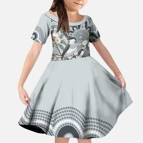 Australia Grey Butcherbird Family Matching Off The Shoulder Long Sleeve Dress and Hawaiian Shirt Eucalyptus Alba Indigenous Art - Aussie Hoodie