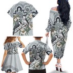 Australia Grey Butcherbird Family Matching Off The Shoulder Long Sleeve Dress and Hawaiian Shirt Eucalyptus Alba Indigenous Art - Aussie Hoodie