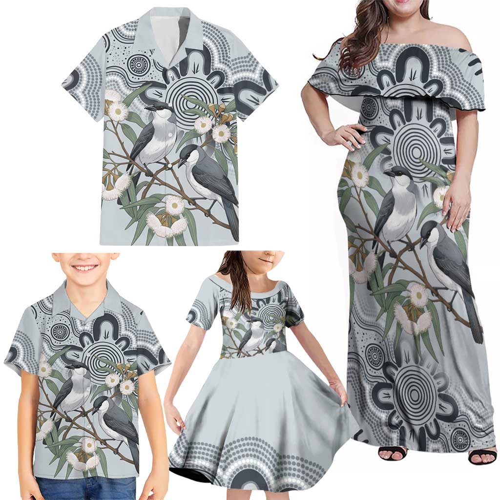 Australia Grey Butcherbird Family Matching Off Shoulder Maxi Dress and Hawaiian Shirt Eucalyptus Alba Indigenous Art - Aussie Hoodie