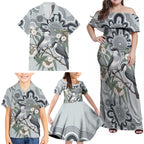 Australia Grey Butcherbird Family Matching Off Shoulder Maxi Dress and Hawaiian Shirt Eucalyptus Alba Indigenous Art - Aussie Hoodie