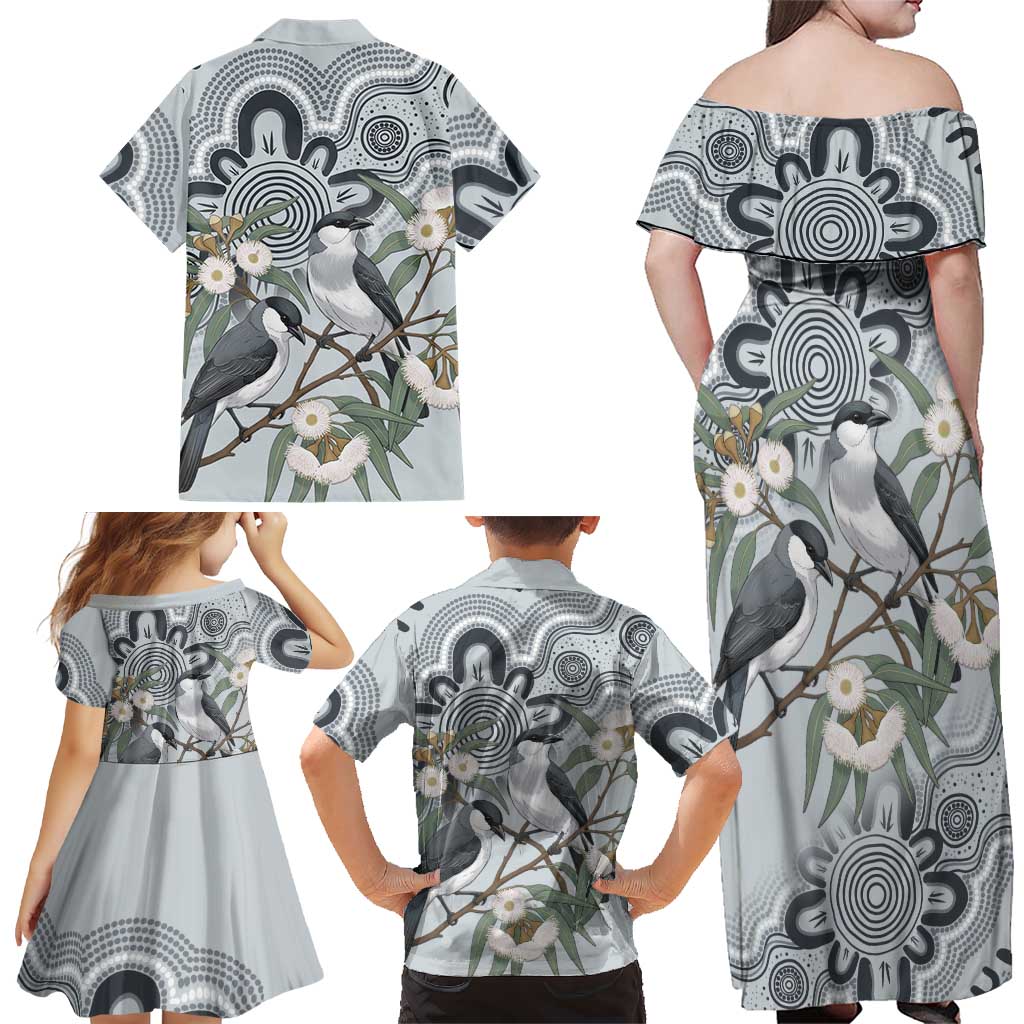 Australia Grey Butcherbird Family Matching Off Shoulder Maxi Dress and Hawaiian Shirt Eucalyptus Alba Indigenous Art - Aussie Hoodie