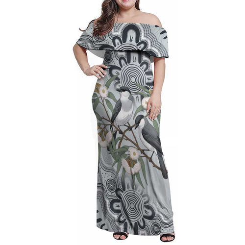 Australia Grey Butcherbird Family Matching Off Shoulder Maxi Dress and Hawaiian Shirt Eucalyptus Alba Indigenous Art - Aussie Hoodie