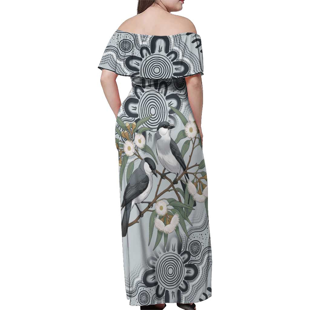 Australia Grey Butcherbird Family Matching Off Shoulder Maxi Dress and Hawaiian Shirt Eucalyptus Alba Indigenous Art - Aussie Hoodie