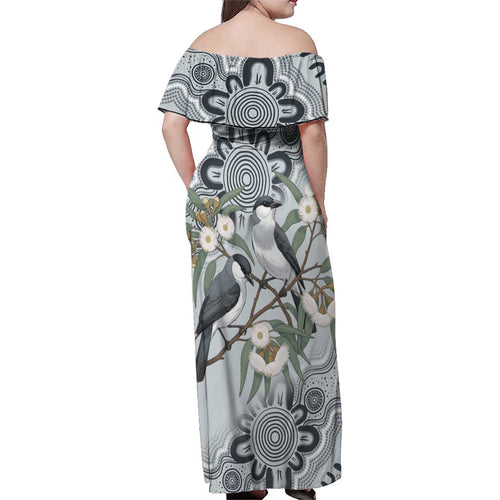 Australia Grey Butcherbird Family Matching Off Shoulder Maxi Dress and Hawaiian Shirt Eucalyptus Alba Indigenous Art - Aussie Hoodie