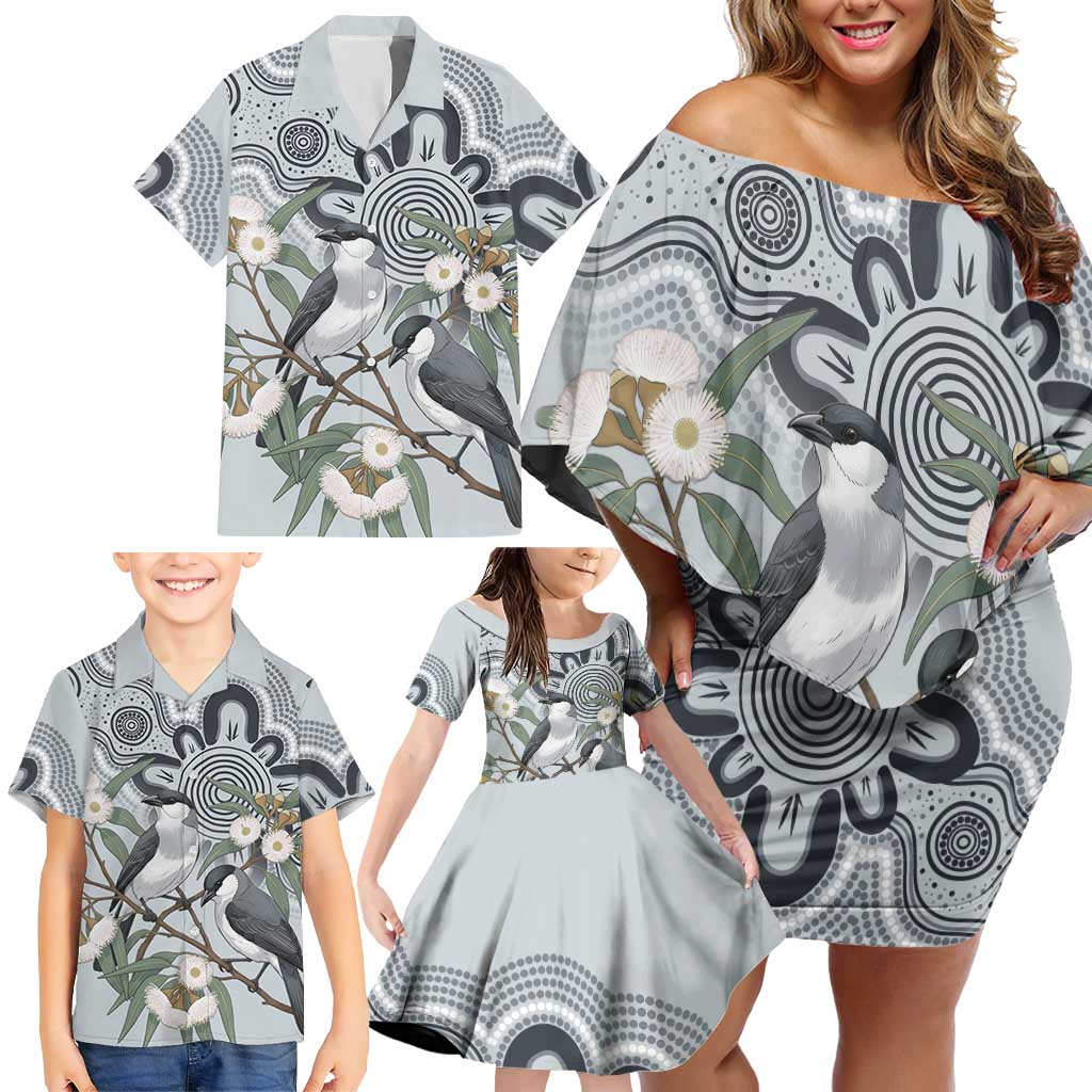 Australia Grey Butcherbird Family Matching Off Shoulder Short Dress and Hawaiian Shirt Eucalyptus Alba Indigenous Art - Aussie Hoodie