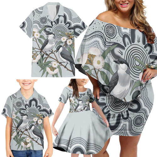 Australia Grey Butcherbird Family Matching Off Shoulder Short Dress and Hawaiian Shirt Eucalyptus Alba Indigenous Art - Aussie Hoodie