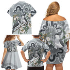 Australia Grey Butcherbird Family Matching Off Shoulder Short Dress and Hawaiian Shirt Eucalyptus Alba Indigenous Art - Aussie Hoodie