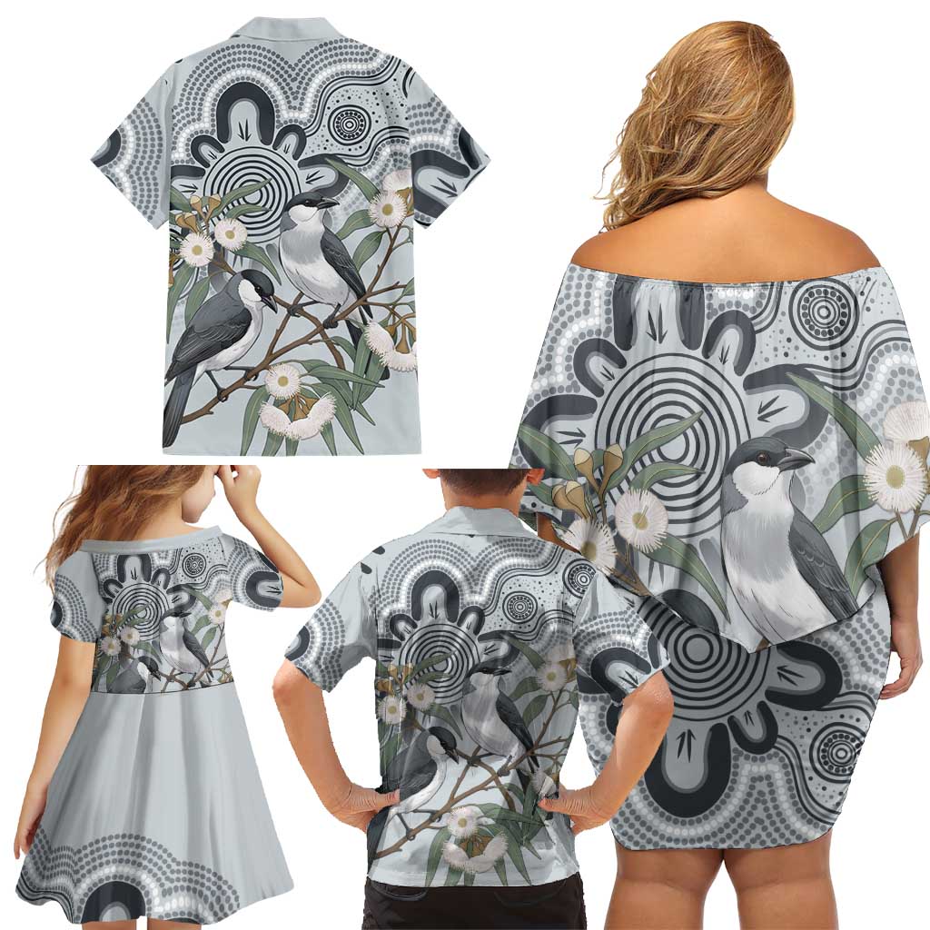 Australia Grey Butcherbird Family Matching Off Shoulder Short Dress and Hawaiian Shirt Eucalyptus Alba Indigenous Art - Aussie Hoodie