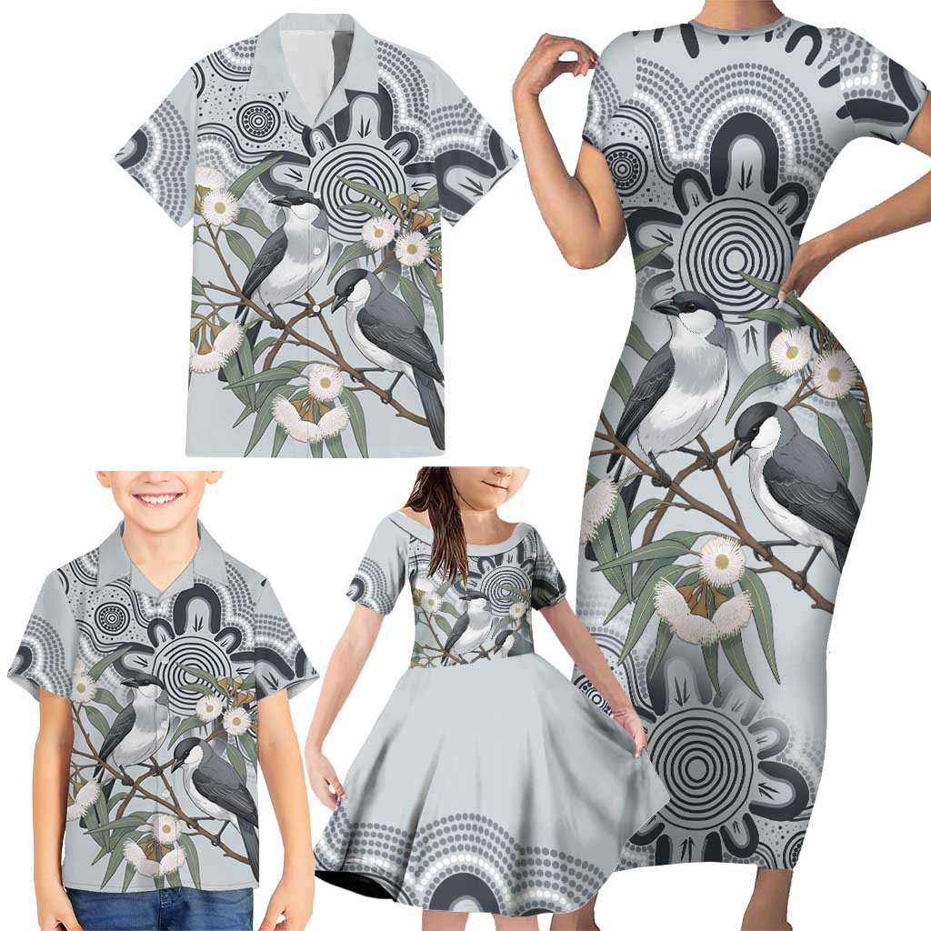 Australia Grey Butcherbird Family Matching Short Sleeve Bodycon Dress and Hawaiian Shirt Eucalyptus Alba Indigenous Art - Aussie Hoodie