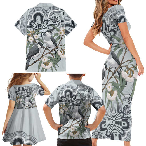 Australia Grey Butcherbird Family Matching Short Sleeve Bodycon Dress and Hawaiian Shirt Eucalyptus Alba Indigenous Art - Aussie Hoodie