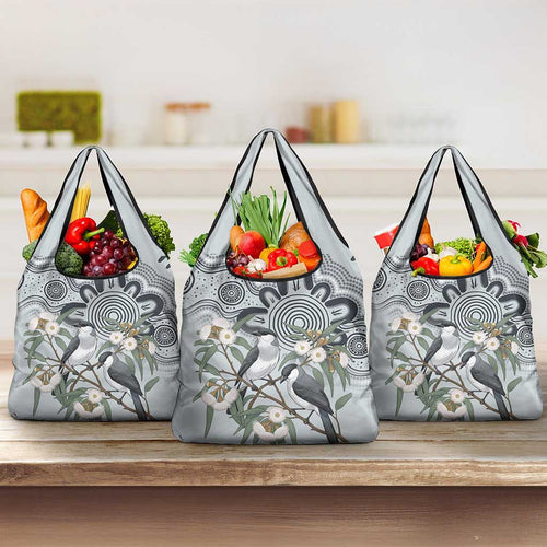 Australia Grey Butcherbird Grocery Bag Eucalyptus Alba Indigenous Art - Aussie Hoodie