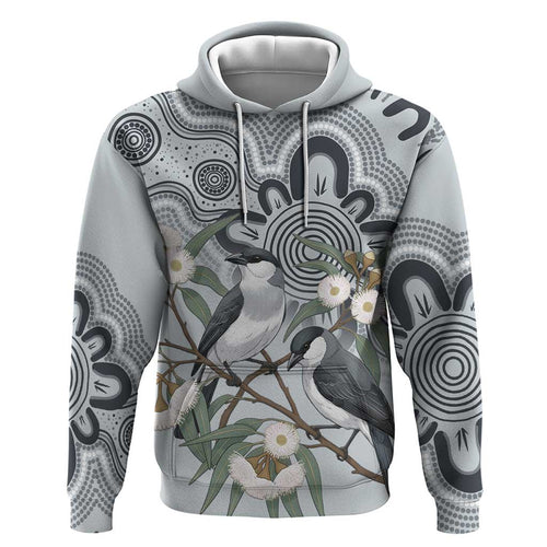 Australia Grey Butcherbird Hoodie Eucalyptus Alba Indigenous Art - Aussie Hoodie