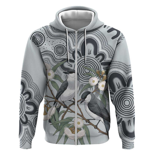 Australia Grey Butcherbird Hoodie Eucalyptus Alba Indigenous Art - Aussie Hoodie