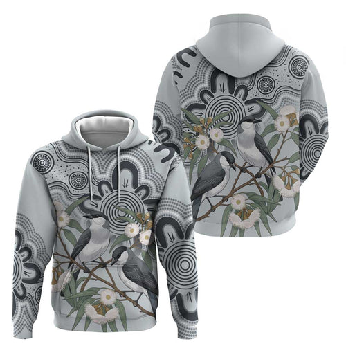 Australia Grey Butcherbird Hoodie Eucalyptus Alba Indigenous Art - Aussie Hoodie